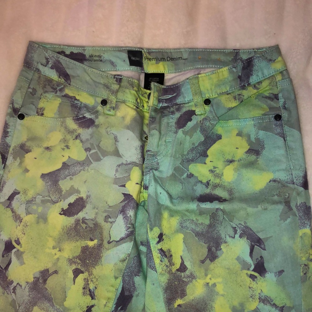Blue and green paint pattern denim jeans